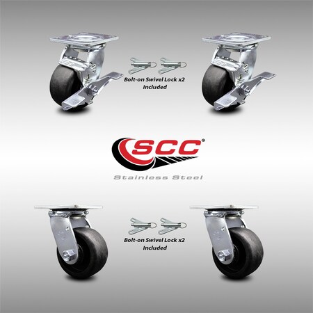 Service Caster 4 Inch SS Glass Filled Nylon Caster Set with Roll Bearings 4 Swivel Lock 2 Brake SCC-SS30S420-GFNR-TLB-BSL-2-BSL-2